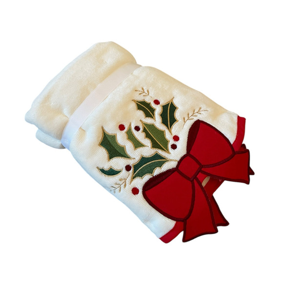 Wellesley Manor Christmas Holly Bow Embroidered Decorative Hand Towel Set of 2 - Picture 2 of 15